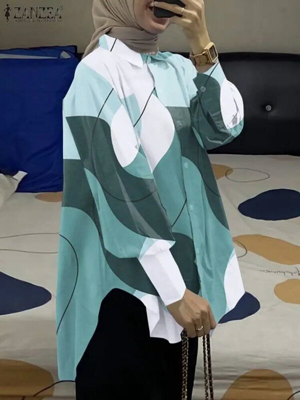 ZANZEA-Blusa Abaya muçulmana estampada floral para mulheres, camisa de manga comprida, gola lapela, roupa islâmica casual, moda vintage, outono