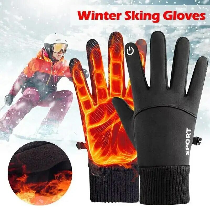 Sarung tangan bulu domba penuh jari, hangat hitam musim dingin bersepeda olahraga lari sepeda motor Ski layar sentuh