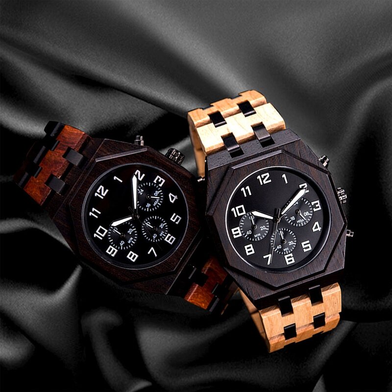 Men's Quartz Watch Wood and Stainless Steel Combination Multifunction Chronograph Scratch Resistant Glass Men's Gift Watch
