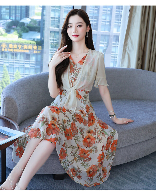 Dress suit women's fashion 2022 summer new style Korean style bandage retro printed chiffon dress chiffon blouse two-piece suit