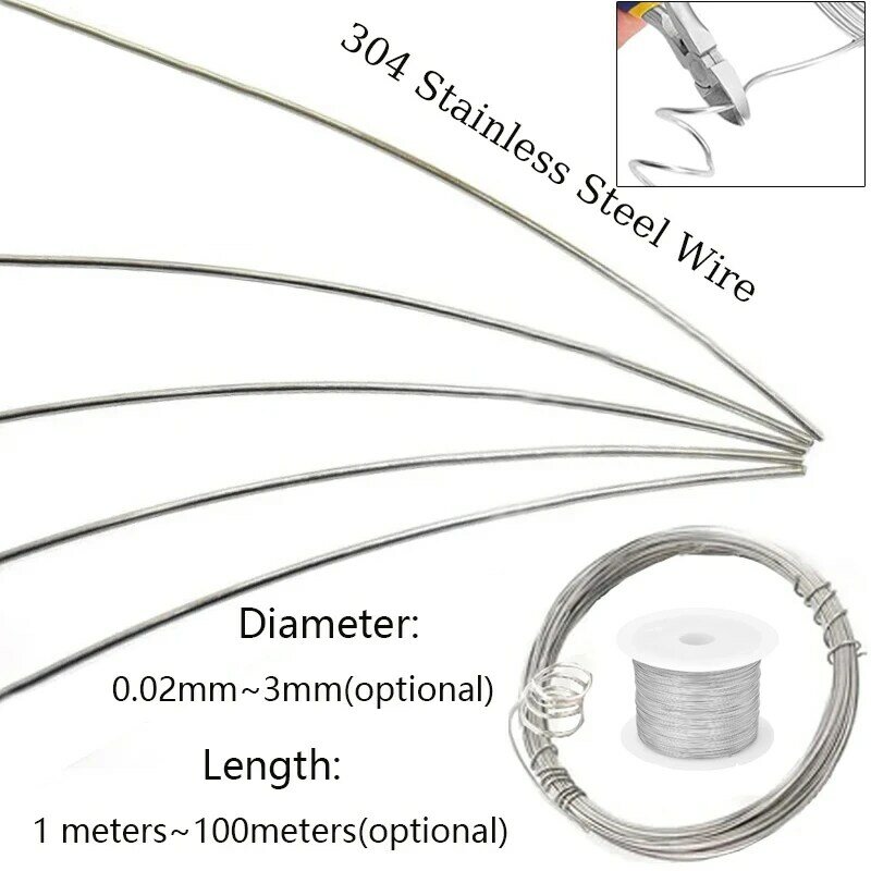 304 Fio de mola de aço inoxidável, fio rígido completo, 0,02 ~ 3mm de diâmetro, 1m, 5m, 10m, 50m, 100m Comprimento, 1Pc
