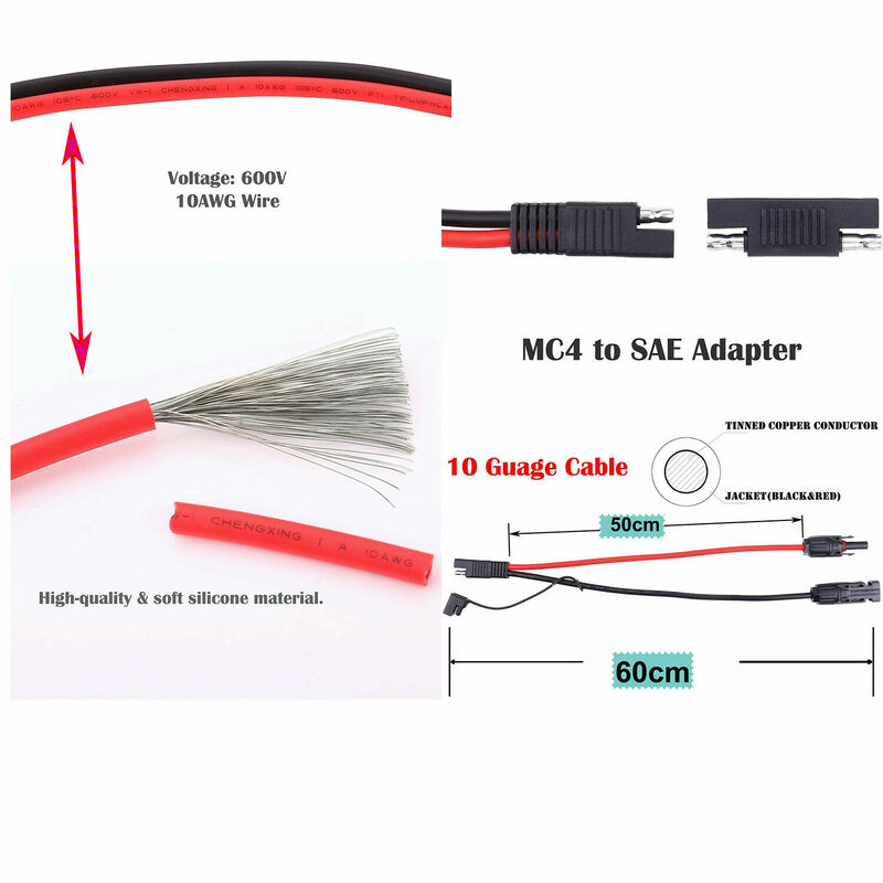 Năng Lượng Mặt Trời Bảng Điều Khiển Để SAE RV Pin Power Adapter 10AWG Cable Conector Sạc Kit Với SAE Adapter 2ft/60Cm