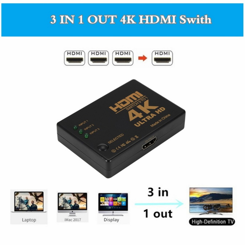 GRWIBEOU HDMI Switch 4K Switcher 3 In 1 Out HD 1080P Kabel Video Splitter 1X3 Hub Adapter Converter untuk PS4/3 TV Box HDTV PC