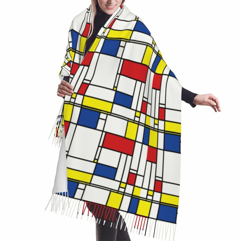 Piet Mondrian 여성용 미니멀리스트 모던 아트 스카프 랩, 긴 겨울 가을 따뜻한 태슬 숄, 남녀공용 다목적 스카프