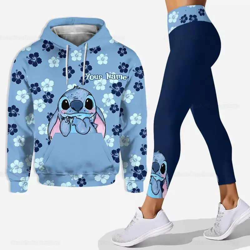 Disney-Conjunto feminino de moletom e leggings 3D Stitch, agasalho casual, calças de ioga, moda, personalizado