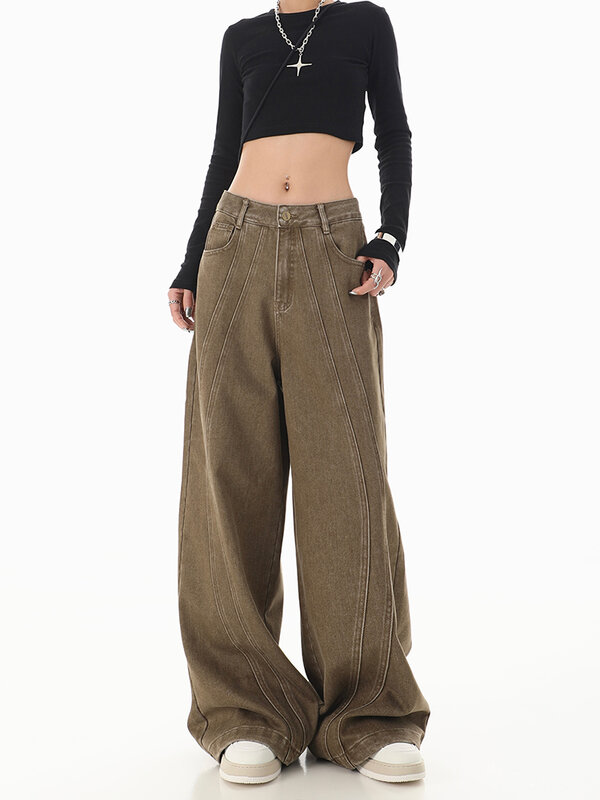 Jeans a gamba larga a vita alta da donna pantaloni Casual larghi in Denim dritto coreano Streetwear Design di nicchia pantaloni lunghi Vintage
