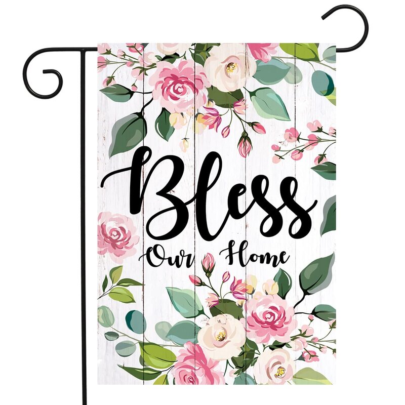 Floral Bless Our Home Garden Flag Spring Summer Pink Flowers Green Leaves Double Sided Yard Decor Flag for Outdoor Lawn Terrace
