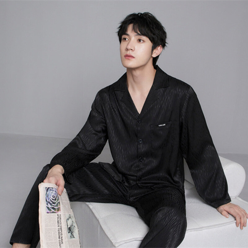 Conjunto de pijamas de cetim de seda manga comprida masculino, traje caseiro solto, pijama preto, pijama preto, roupa de lounge, 2 peças
