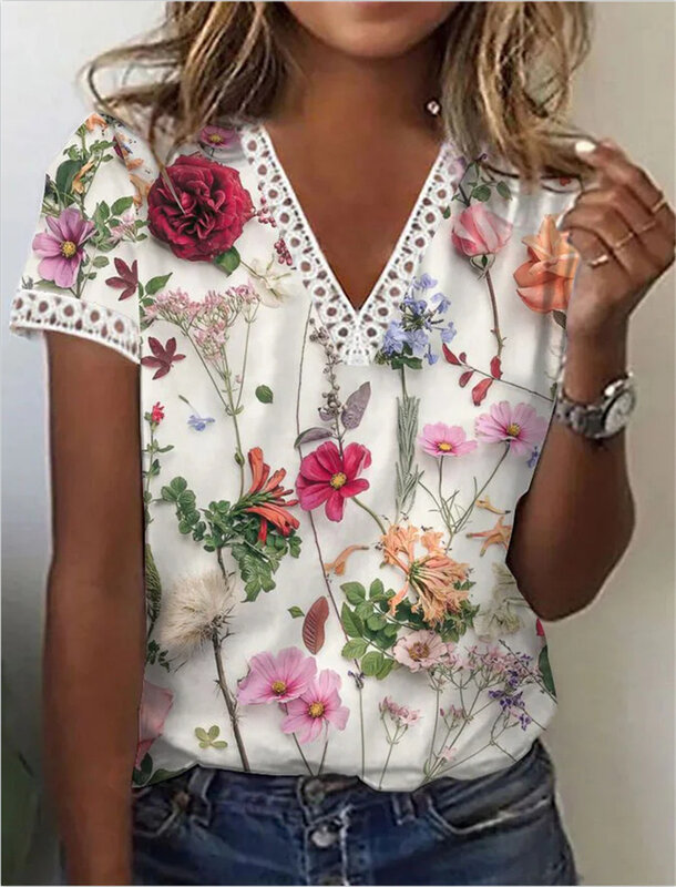 Kaus wanita S-3XL, atasan leher V motif bunga renda tepi longgar kasual musim panas 2023