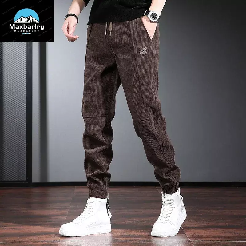 Celana kasual untuk pria, celana bergaya Retro trendi Hip Hop warna Solid tali pinggang wafel serbaguna baru 2023
