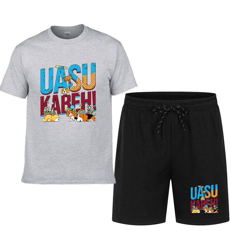 Letter puppy print, men 2 pieces, casual T-shirt and athletic drawstring shorts Running, training