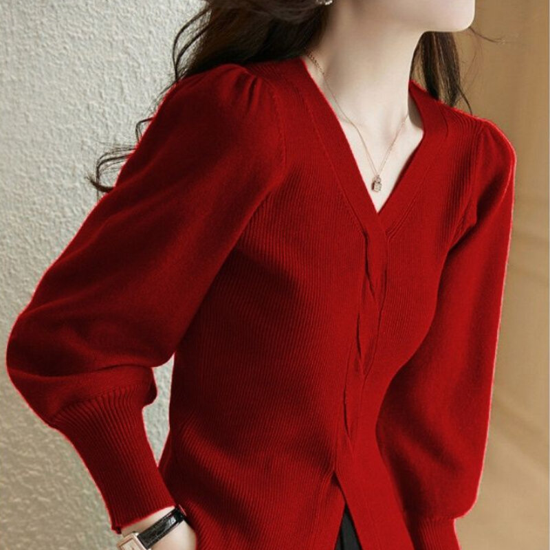 Suéteres rojos con cuello en V para mujer, Jersey de punto de tendencia Coreana de lujo, colección de prendas de punto Vintage Y2k, 2023