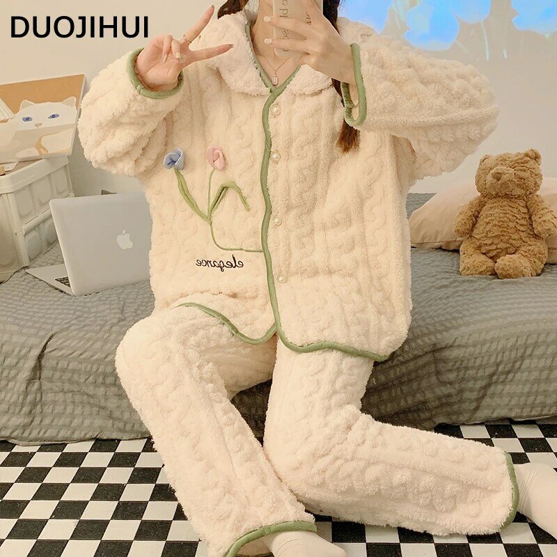DUOJIHUI-Pijama floral chique para mulheres, conjuntos de pijamas de duas peças, top cardigã quente, calça solta, moda casual, doce, inverno
