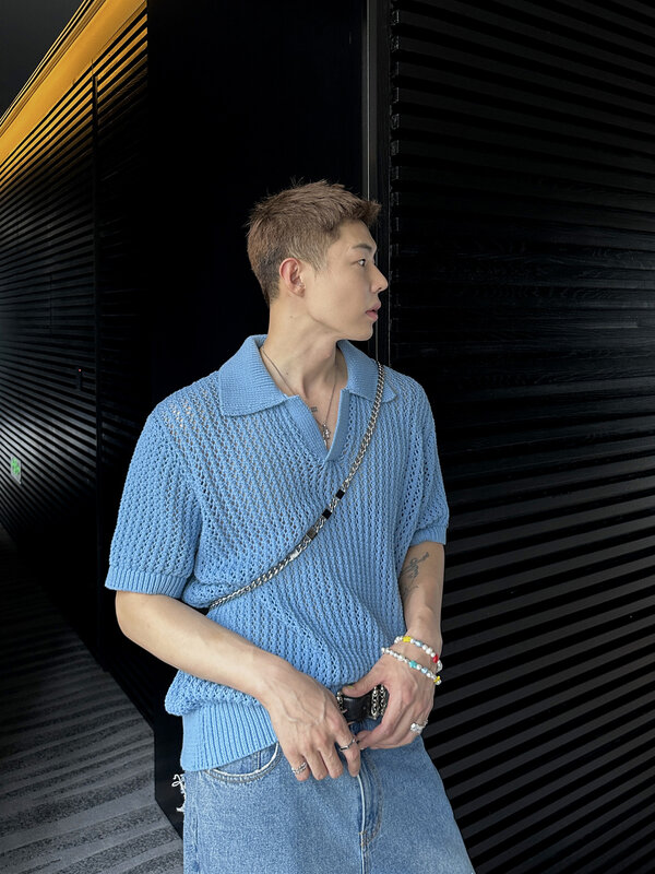 Polo azul de punto calado, camiseta informal de manga corta que combina con todo, elegante y refrescante, novedad de verano