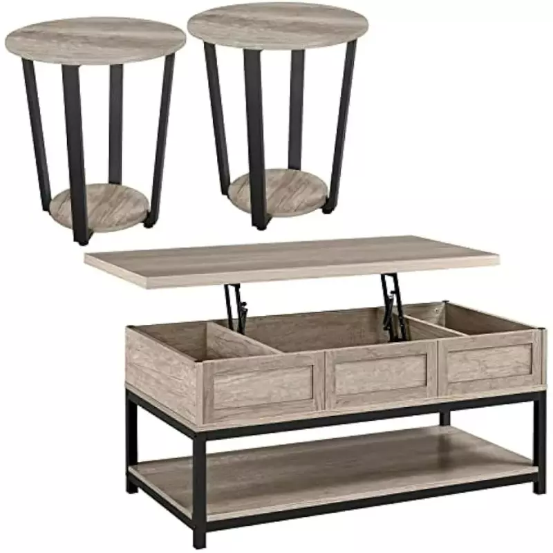 工業用木製コーヒーテーブルセット、リフトトップ、隠しコンパートメントと下部の収納、2個のエンドサイドテーブル、3個セット