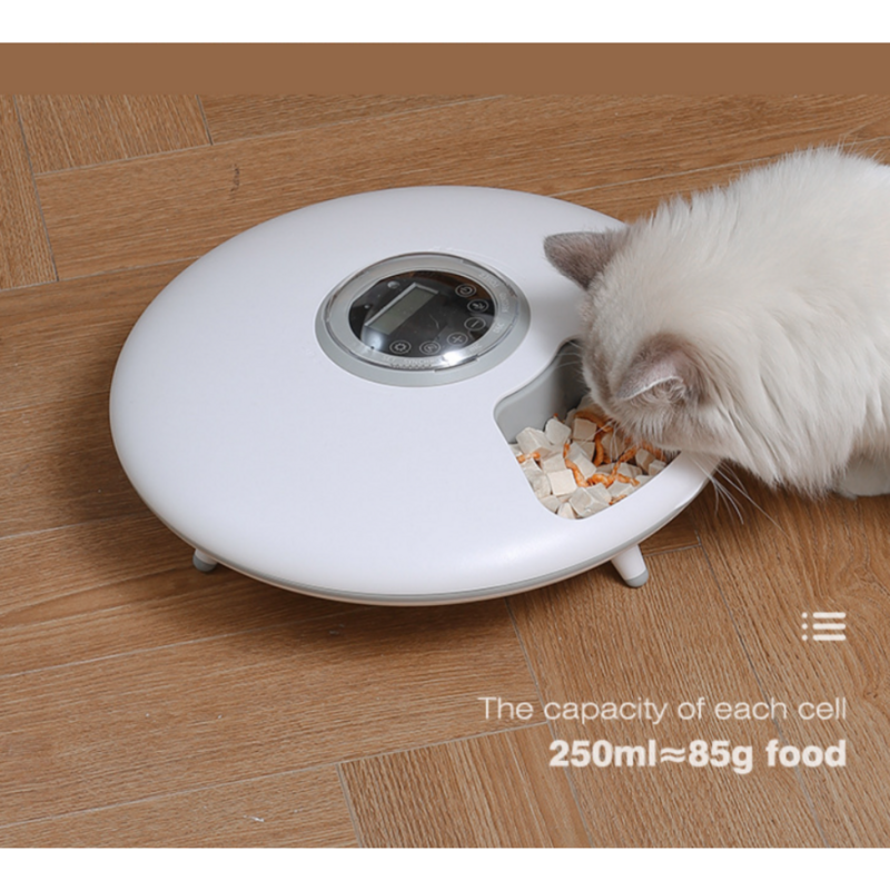 Pengumpan otomatis 6 makanan untuk kucing dan anjing baskom makan swalayan cerdas dengan fungsi perekaman Dispenser makanan