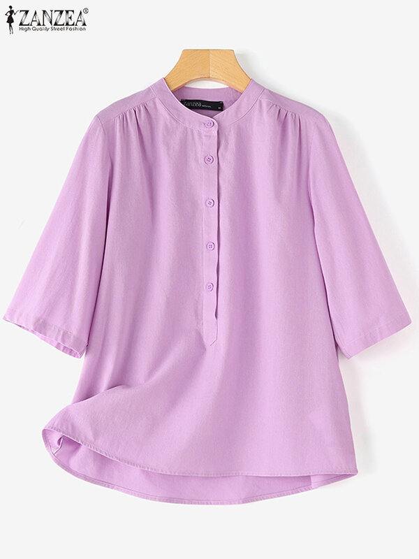 ZANZEA 2024 Summer Button Up Tunic Tops Women Elegant Everyday Casual Cotton Shirts Solid Color 3/4 Sleeve O Neck Vintage Blouse