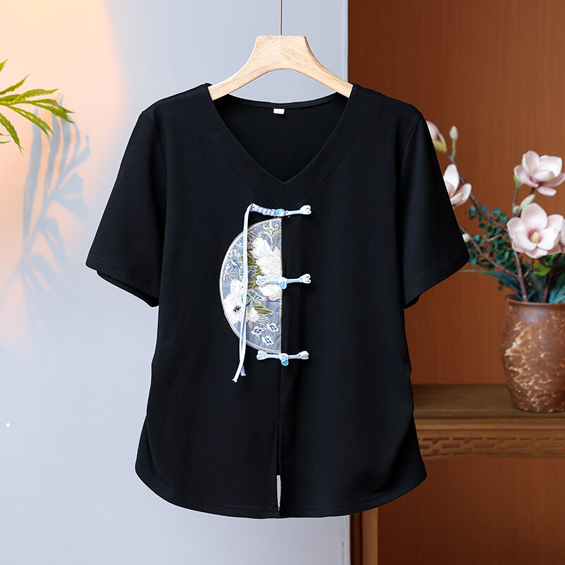 Camiseta de manga curta bordada estilo chinês feminino, cintura plissada emagrecedora, blusa retrô com decote em v, algodão, verão