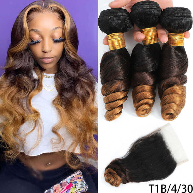 DreamDiana 10A Ombre Human Hair 3 Bundles with Closure T1B/30 Remy 100% Malaysian Hair Loose Weave 3 Bundles with Lace Closure