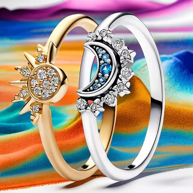 Set cincin perak Sterling cincin bulan biru matahari Celestial berkilau untuk wanita perhiasan pesta pernikahan pertunangan klasik
