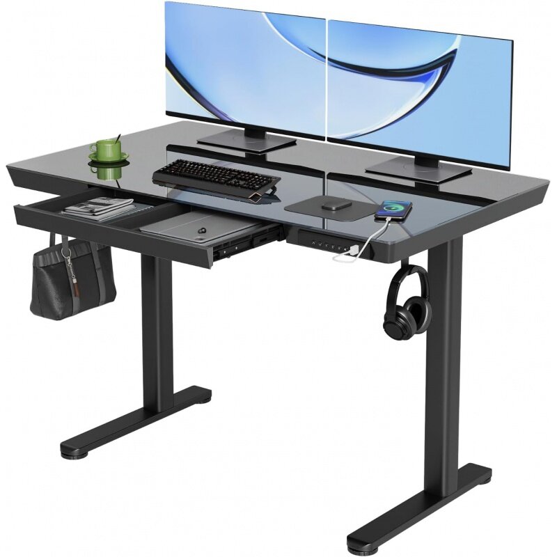 Mesa de vidro com gavetas, Elétrica Stand Up Desk, Portas USB, Mesa de altura ajustável para Home Office, 48x24"
