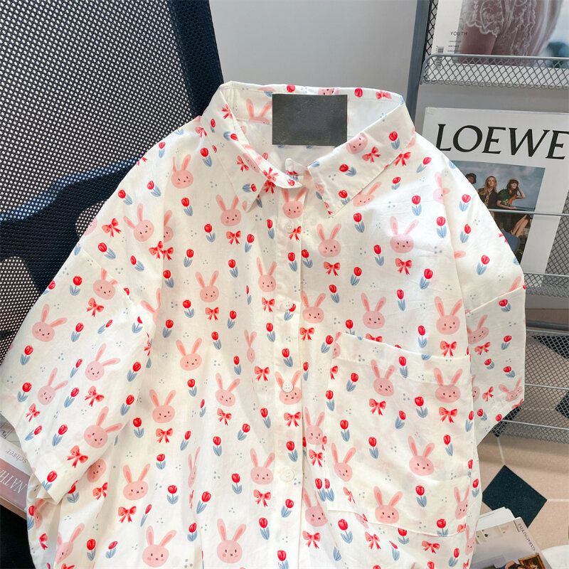 Japanese Kawaii Bunny Flower Print Shirt Women Sweet Loose Short Sleeve Top Summer Fashion 2024 Korean Chic Button Rabbit Blouse