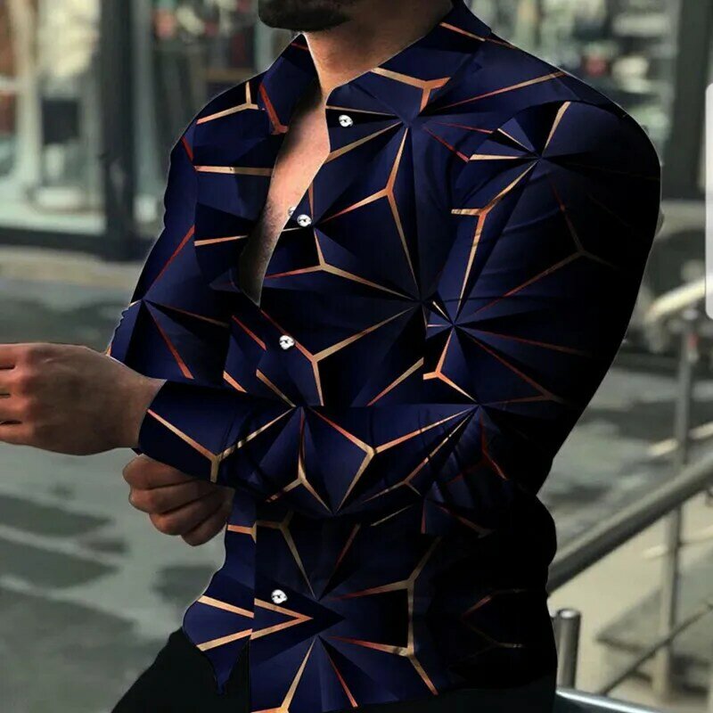 Spring Men's Printed Casual Shirts 2022 Stereoscopic rhombus Streetwear Men's Clothing Cardigan High-End Long Sleeve Dress Shirt