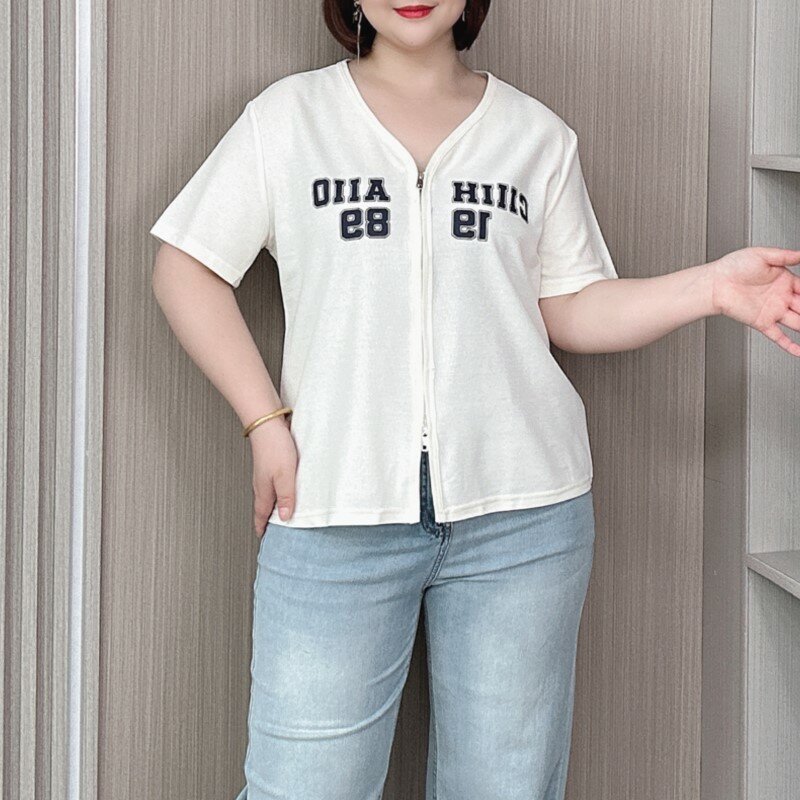 Camiseta feminina de manga curta com zíper bidirecional, blusa fina com decote em v, plus size, verão, 2024