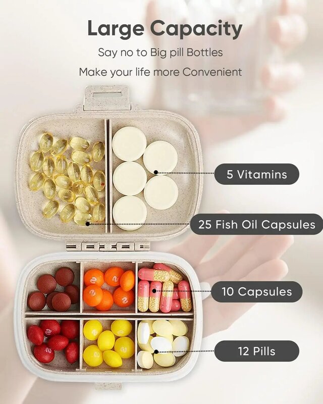 Wadah pil 8 kompartemen, kotak obat saku Organizer pil perjalanan mingguan kecil portabel untuk Dompet minyak ikan Vitamin