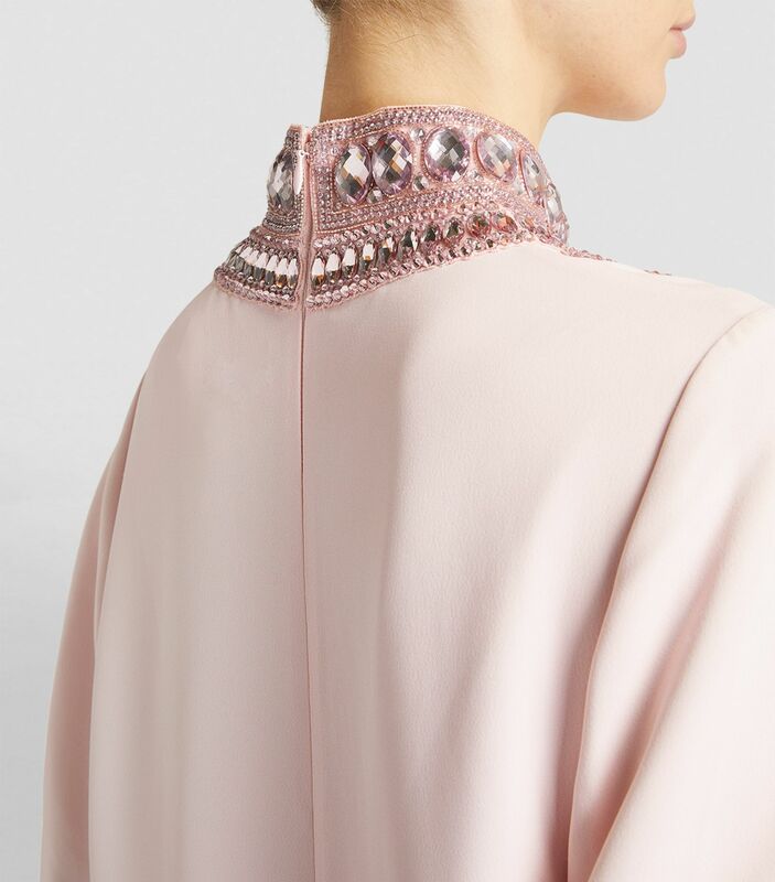 Abito da sera da donna elegante rosa saudita Pandora, collo alto, maniche lunghe abito da sera con macchia di piume di cristallo lungo fino al pavimento