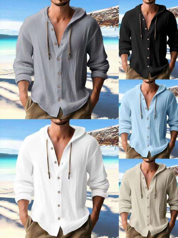 Camisa de lino para hombre, ropa de calle sólida, de manga larga Sudadera con capucha, cárdigan, Tops con botones, informal, suelta, de verano