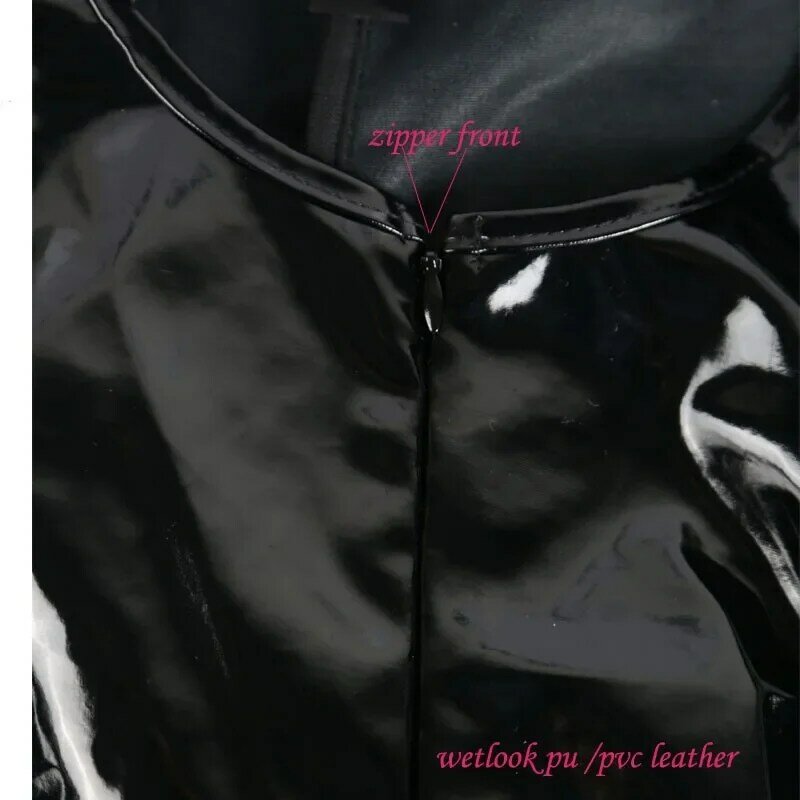 Macacão preto de couro sintético para mulheres, manga longa, PU Wetlook, macacão PVC, bodysuits apertados, leotards, plus size