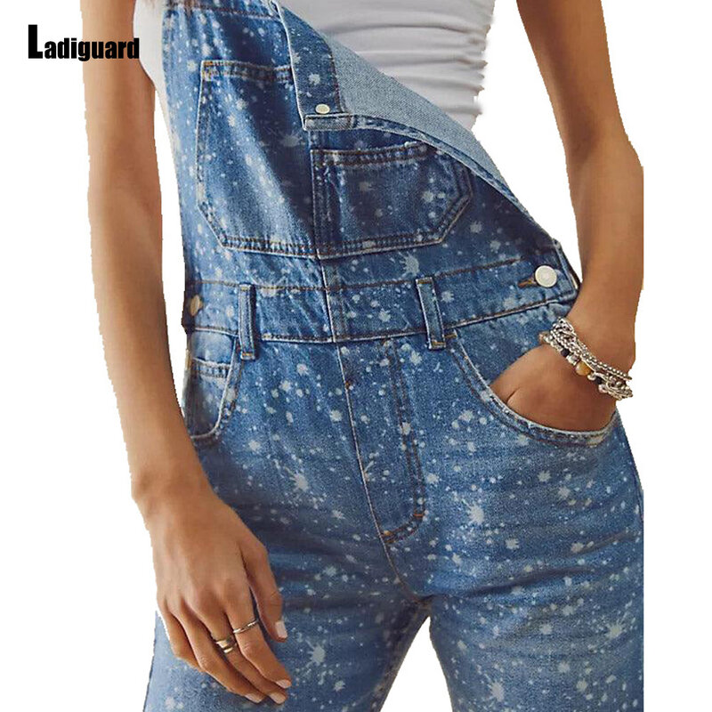 Ladiguard 2023ยุโรปยีนส์แฟชั่น Denim Jumpsuits ผู้หญิง Street ลายจุดพิมพ์กางเกงกางเกงยีนส์ฤดูใบไม้ผลิกระเป๋า Overalls