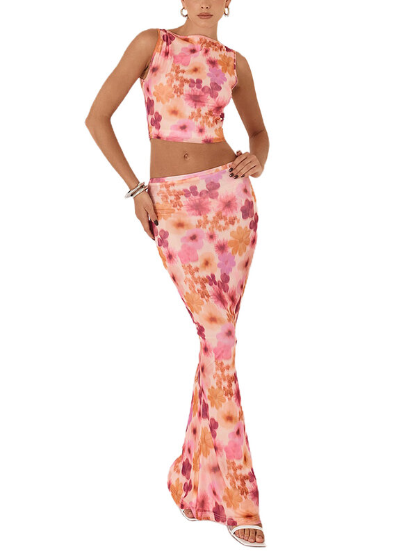 Winkinlin-Conjunto de 2 piezas de falda larga para mujer, Top de tubo corto sin mangas, Falda Midi ajustada Y2k, ropa de playa de verano