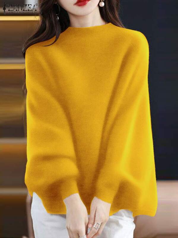Damski ZANZEA sweter z dzianiny nietoperz 2024 jesienne bluzki z długim rękawem luźne, solidne, kolorowy pulower świąteczne swetry typu All-match Femme
