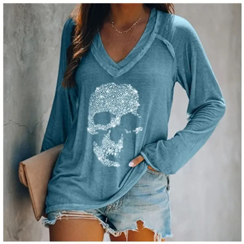 Damska jesienno-zimowa modne ciuchy Casual długi rękaw koszulka luźna nadrukowana czaszka bluzka damska koszule z dekoltem w kształcie litery v bawełniane bluzki