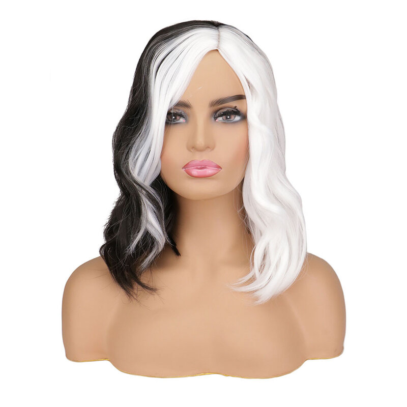 CRUELLA Deville De Vil Wig hitam putih, rambut palsu tahan panas Bob pendek dengan poni, kostum Cosplay pesta Halloween + topi Wig