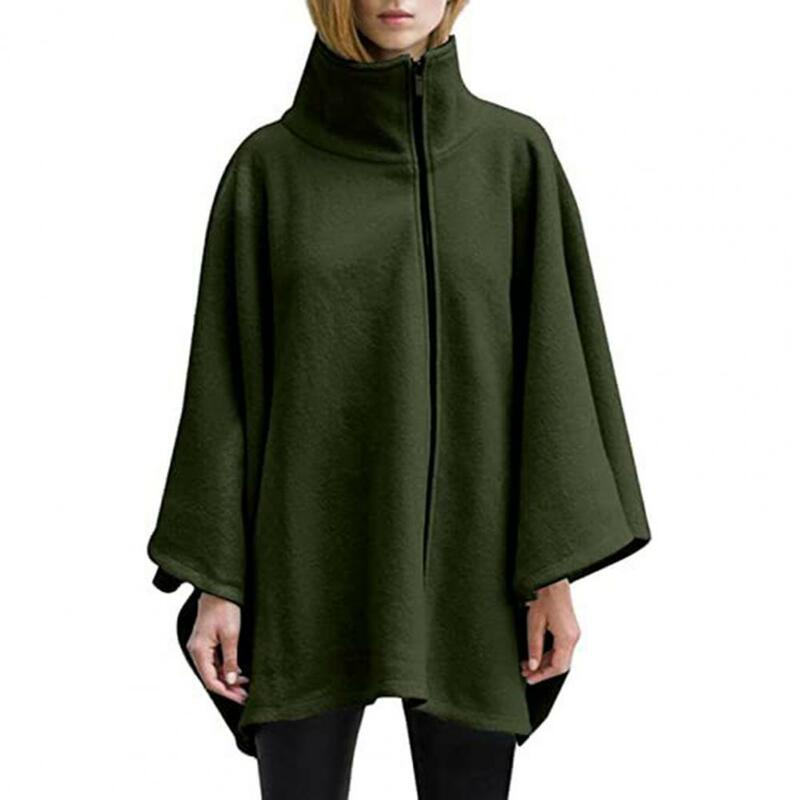 เสื้อโค้ทแขนค้างคาวสำหรับผู้หญิง, เสื้อคลุมคอปกสูงมีซิปปิดสำหรับฤดูใบไม้ร่วงฤดูหนาวกันลมอบอุ่นเสื้อปอนโช