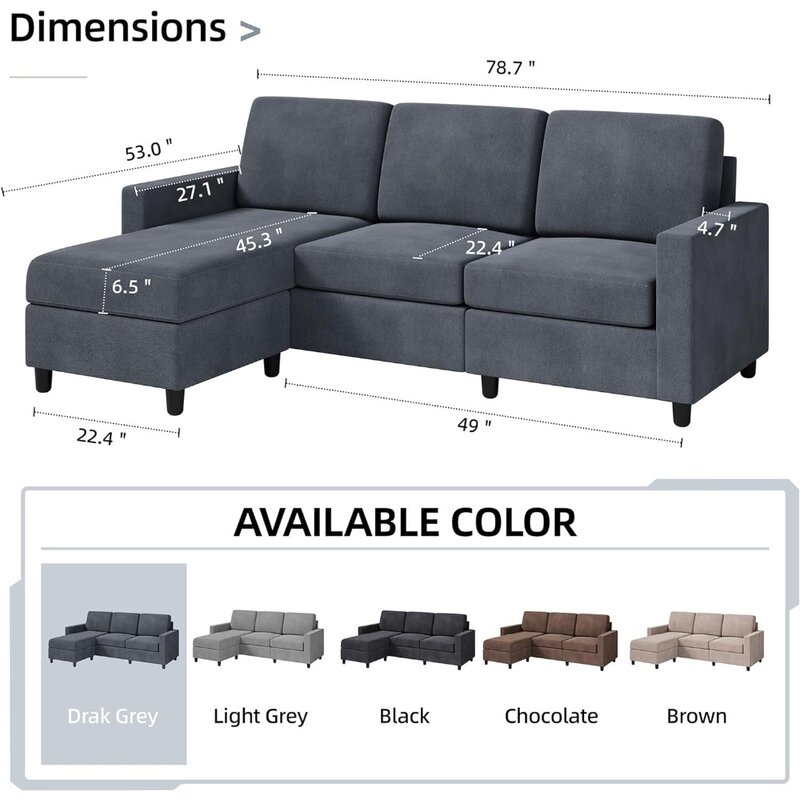 Convertible Sectional Sofa , Modern Linen Fabric L-Shaped Couch 3-Seat Sofa Sectional with Reversible Chaise