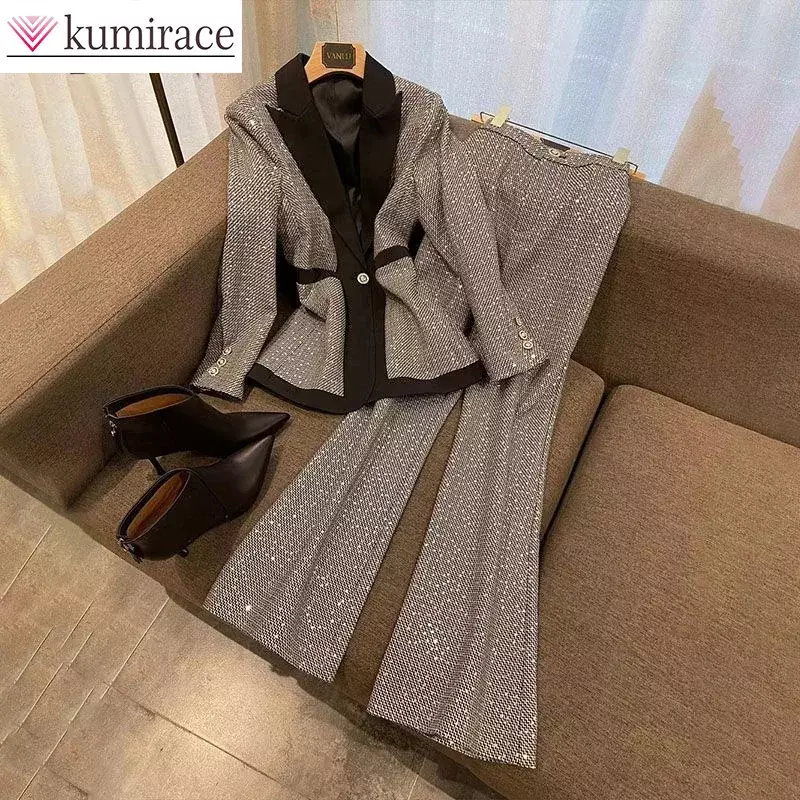 Large Size Women's Plaid Silk Set, Women's 2024 New Spring Style Slim Fit High Waisted Flared Pants Trend Two-piece Set