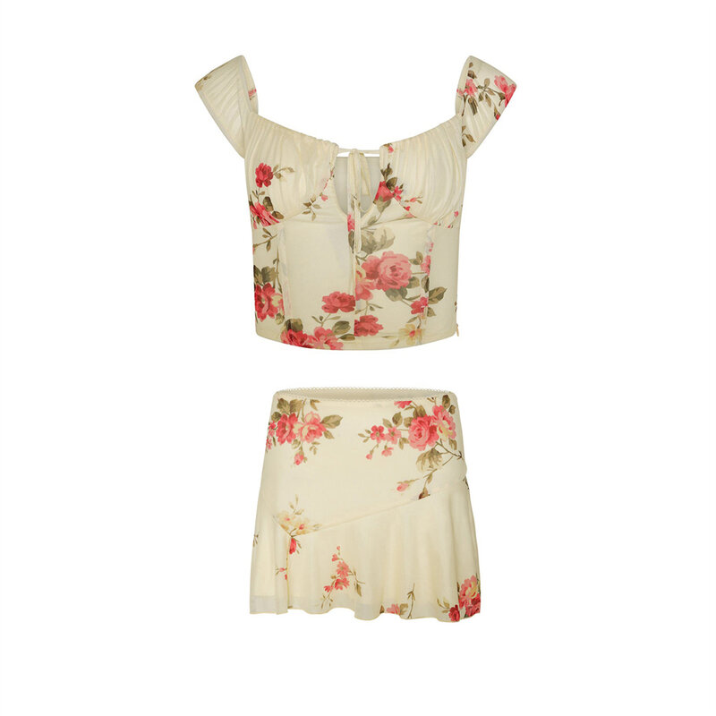 Damski 2 częściowy Mini komplety spódniczek Y2k wiązany krótkie koszulki z nadrukiem w kwiaty i obcisła spódnica w kształcie linii zestawy sukienek odzież klubowa
