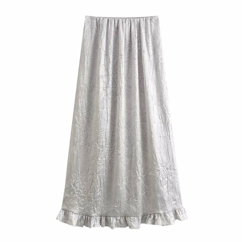 Silver Metallic Ruffle Hem Women's Long Skirt Stretch High Waist A-Line Party Office Women's Midi Long Skirt 2K2024 Summer