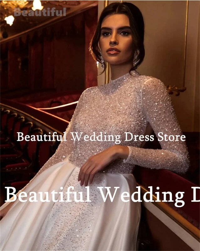 Beautiful Dress Women Luxury Wedding Dress Shiny Sequin High Neck Long Sleeves Backless A-Line Floor-Length Satin Bridal Gown