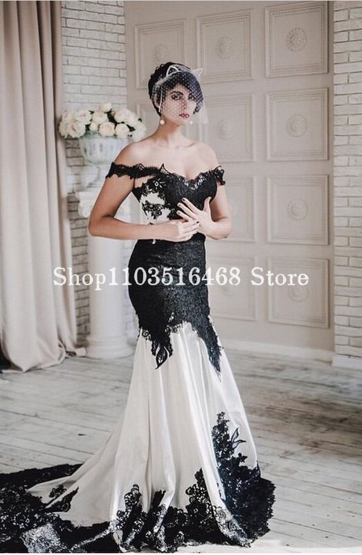 Viktoria nische Gothic Punk Brautkleid eine Schulter schwarz und weiß Korsett enge Meerjungfrau Braut ball formelle Gelegenheit فساتين س카رة