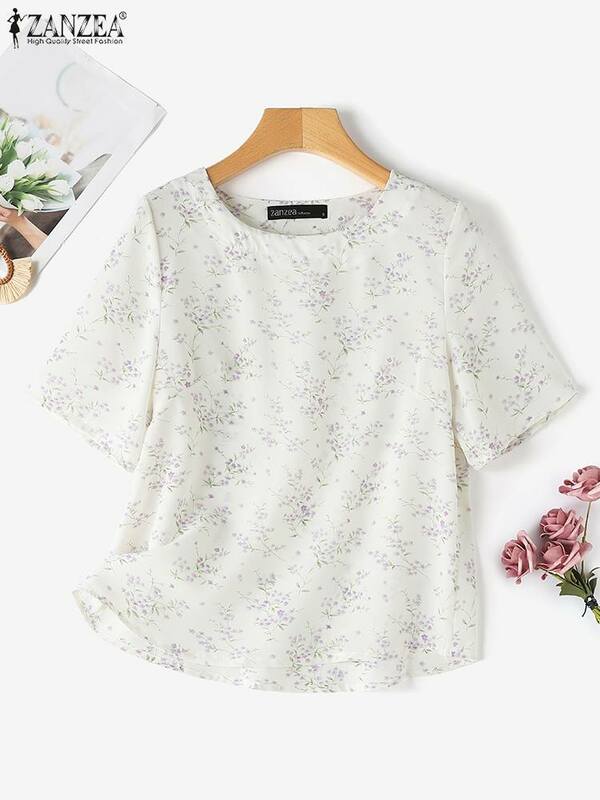 ZANZEA-Blusa estampada floral boêmia para mulheres, camisa vintage, manga curta, tops casuais de férias, túnica O Neck, verão