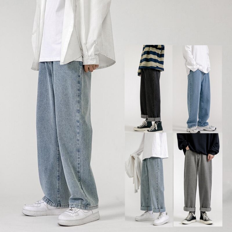 2024 New Korean Fashion Men's Casual Ankle-Length Jeans Classic Man Straight Denim Wide-leg Pants Light Blue Grey Black