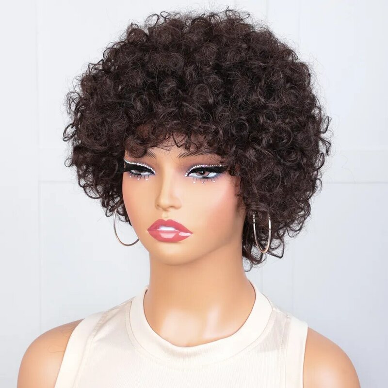 Pixie wig rambut manusia Bob keriting Afro pendek dengan poni untuk wanita rambut Remy Brasil memakai dan menjadi wig keriting keriting keriting coklat alami