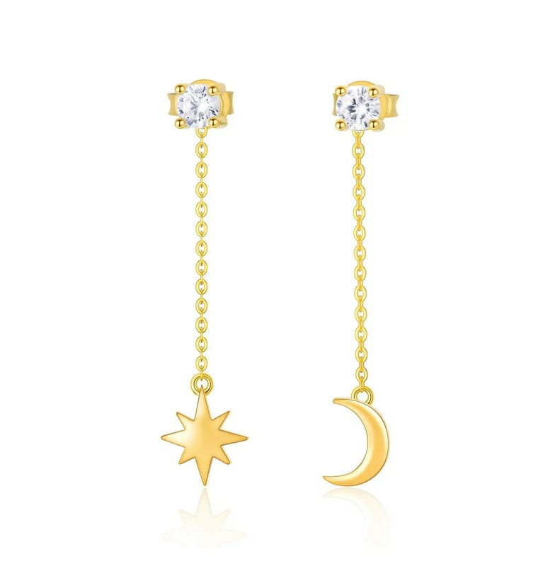 YFN 14k Gold Mond und North Star Ohrringe Reales Gold Zirkonia Stud Tropfen Ohrring für Frauen Baumeln