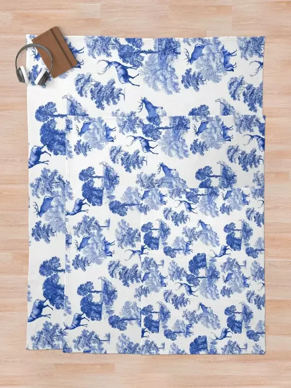 Classic Blue French Toile Deer in Forest Countryside Pattern Throw Blanket Extra Large Throw Giant Sofa Bed Fashionable Blankets