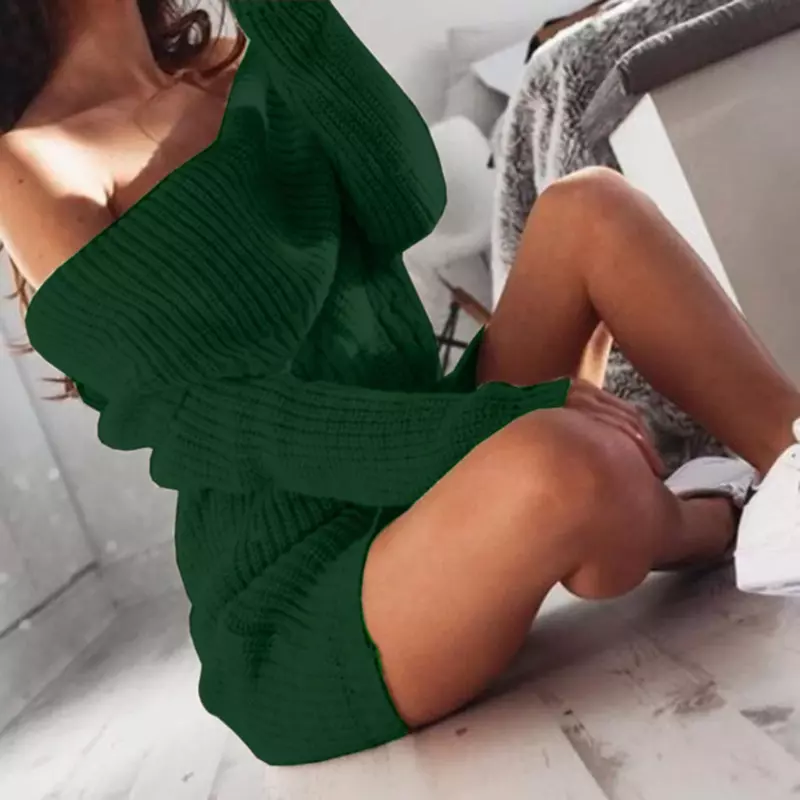 2022 gaun Mini wanita seksi musim gugur musim dingin warna Solid bahu terbuka lengan panjang ramping gaun Sweater rajut jubah Vestidos S-2XL